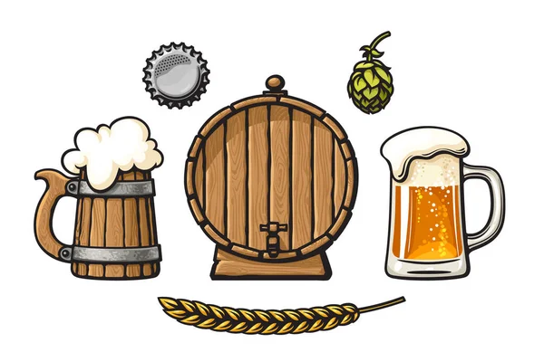 Ensemble vintage d'objets de bière. Baril, tasse en verre de bière avec mousse et bulles, bouchon de bouteille, cône de houblon, orge ou épi de blé — Image vectorielle