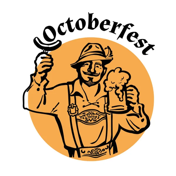 Oktoberfest κείμενο πάνω heerful Βαυαρός άνθρωπος με κούπα μπύρα και λουκάνικο. Το έμβλημα της μπύρας. Χειροποίητη vintage διανυσματική απεικόνιση. — Διανυσματικό Αρχείο