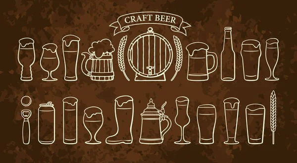 Beer objects set isolated on rusty brown backgound. Beer glasses mugs wooden barrel wheat ribbon banner text Craft Beer — Stock Vector