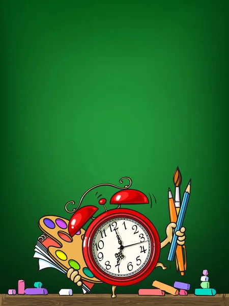 Reloj despertador de dibujos animados con útiles escolares en el fondo de la escuela. Ilustración vectorial . — Vector de stock