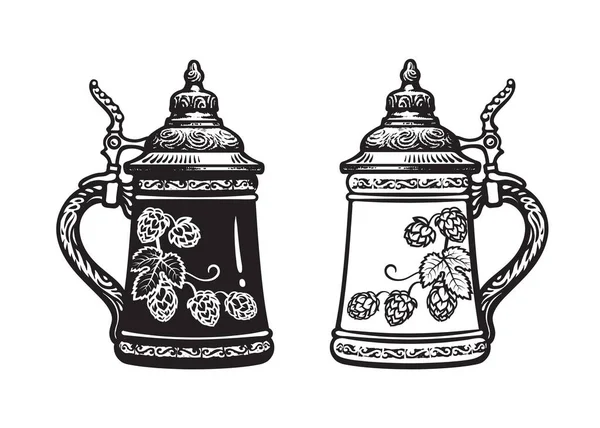 Duas canecas alemãs de cerveja stein. Preto e branco. Ilustração vetorial desenhada à mão em backgraund branco. Cervejaria, festival de cerveja, bar, design de pub . —  Vetores de Stock