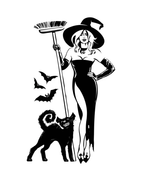 Bella strega sexy tenuta scopa con gatto nero per biglietto di auguri di festa, inviti, volantini, manifesti, striscioni . — Vettoriale Stock