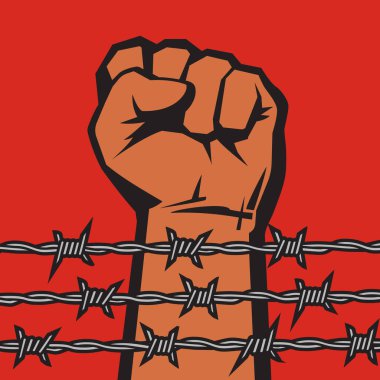 Dikenli tellerin arkasında sıkılmış bir yumrukla el kaldırıldı. Kırmızı arkaplanda vektör illüstrasyonu izole edildi.