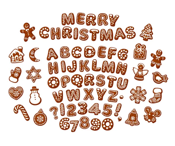 Frohe Weihnachten Text aus Schokoladenkeksen. Lebkuchen-Alphabet, traditionelle Weihnachtsplätzchen auf weißem Hintergrund. — Stockvektor