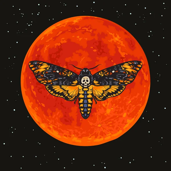 Muertes cabeza de halcón en el fondo de la luna roja llena. Calavera mariposa mariposa Vector ilustración . — Vector de stock