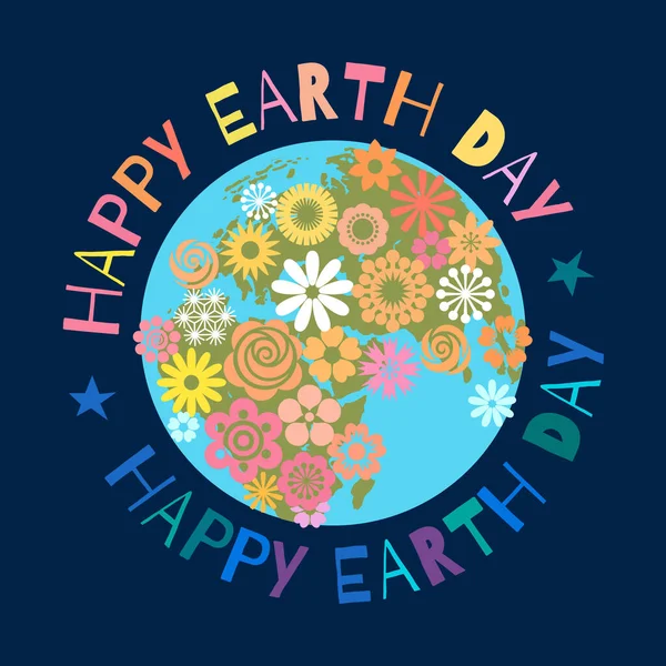 Happy Earth Day-Plakat. Grußworte rund um den Globus, bedeckt mit Blumen. Vektor-Illustration isoliert auf Himmel-Hintergrund. — Stockvektor