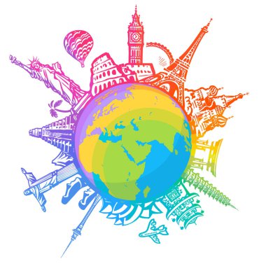 Famous world landmarks located around the globe . Design for travel and tourism. Hand drawn vector illustration. vector