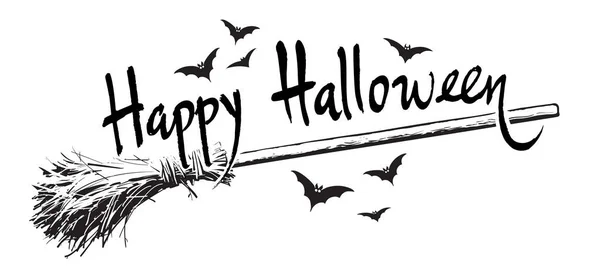 Buon Halloween disegnato a mano lettering, vecchio manico di scopa magico e stormo di pipistrelli Disegno in stile schizzo per Halloween — Vettoriale Stock