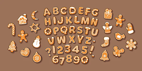 Weihnachten und Neujahr Lebkuchen Alphabet. Cartoon-Vektor-Illustration auf braunem Hintergrund — Stockvektor