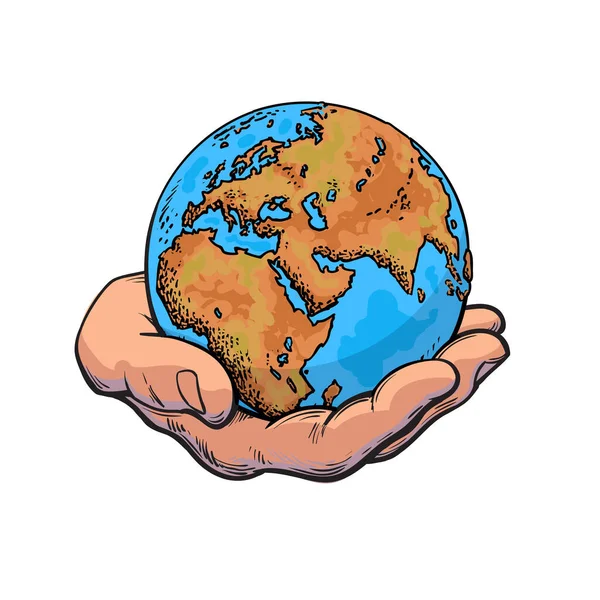 Human hand holding globe. Earth in mans palm. Save planet idea. Travel icon. Power over the world concept — Stock Vector