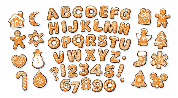Noël et Nouvel An alphabet de pain d'épice et biscuits traditionnels mignons de vacances — Image vectorielle