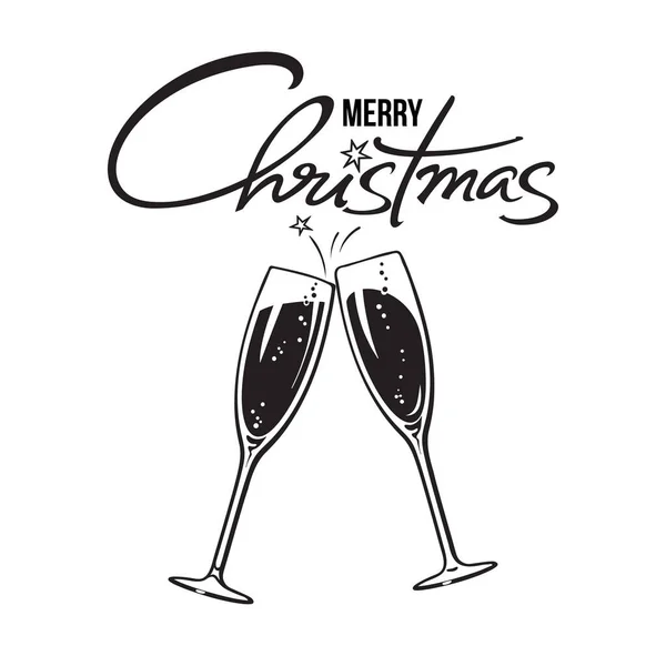 Due bicchieri spumanti di champagne o vino e buon Natale testo scritto a mano. Icona di applausi vacanza — Vettoriale Stock