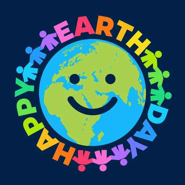 Happy Earth Day-Plakat. Grußworte, die rund um den Globus geschrieben wurden. Glückliche süße lustige Erde-Emojis. Vektor-Illustration isoliert auf dunkelblauem Hintergrund. — Stockvektor