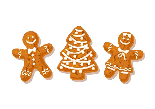 Gingerbreade mężczyzna, kobieta i choinka. Tradycyjne domowe ciasteczka powlekane cukrem izolowane — Wektor stockowy