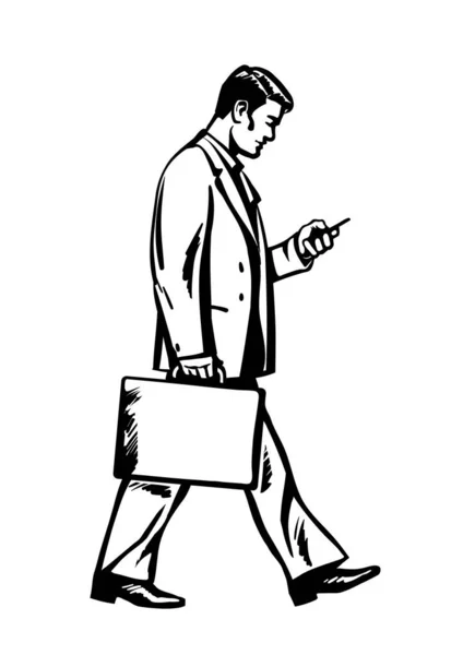 Giovane uomo d'affari che cammina con una valigia e guarda lo smartphone. Uomo d'affari con cellulare in mano. Vettore. — Vettoriale Stock
