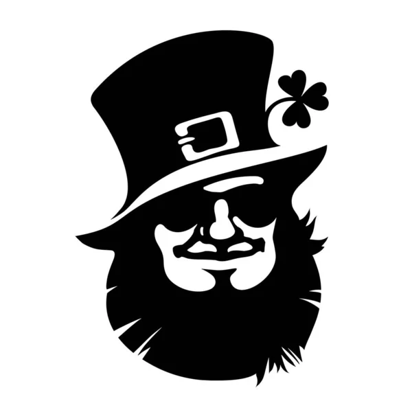 Icône de visage souriant avec chapeau, lunettes de soleil et trèfle. Logo de la Saint Patricks Day Dessiné à la main — Image vectorielle