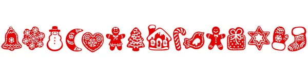 Silhouette rossa di biscotti di pan di zenzero di Natale. Confine senza soluzione di continuità. Illustrazione vettoriale. — Vettoriale Stock