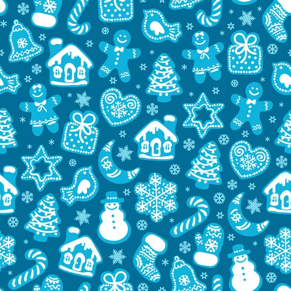 Patrón sin costuras de Navidad y Año Nuevo de galletas tradicionales de jengibre y copos de nieve sobre fondo azul oscuro — Vector de stock