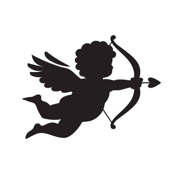 Black silhouette of Cupid aiming a bow and arrow. Valentines Day love symbol. Vector illustration isolated