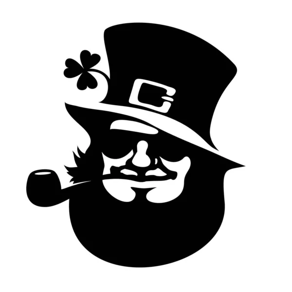 Icône du visage avec chapeau, lunettes de soleil, pipe et trèfle Logo de la Saint Patricks Day Illustration vectorielle noire dessinée à la main — Image vectorielle