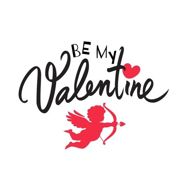Sé mi texto de San Valentín con corazón rojo y Cupido apuntando un arco y flecha. Día de San Valentín tipografía vacaciones manuscritas — Vector de stock