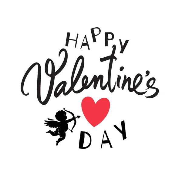 Feliz día de San Valentín escrito a mano. Texto caligráfico negro con corazón rojo y Cupido apuntando un arco — Vector de stock