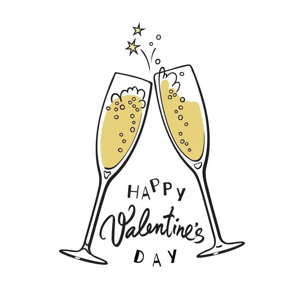 Feliz día de San Valentín texto caligráfico escrito a mano con dos corazones rojos y dos copas brillantes de champán — Vector de stock