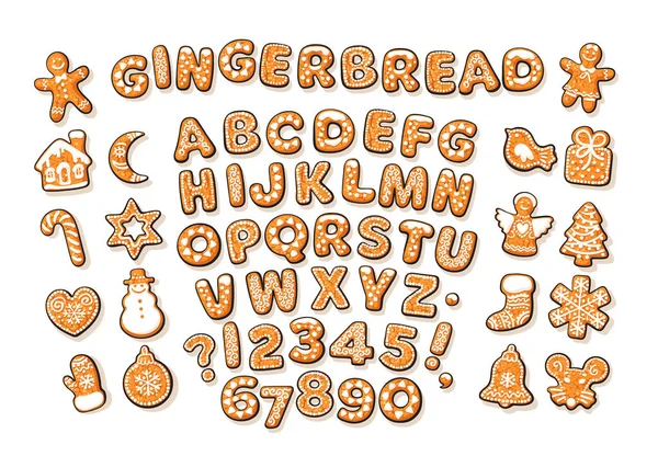 Weihnachten und Neujahr Lebkuchen-Alphabet und niedliche traditionelle Feiertagskekse auf weißem Hintergrund. — Stockvektor