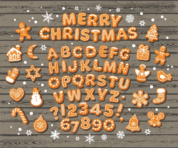 Weihnachten und Neujahr Lebkuchen Alphabet, niedliche traditionelle Feiertagskekse, Schneeflocken — Stockvektor
