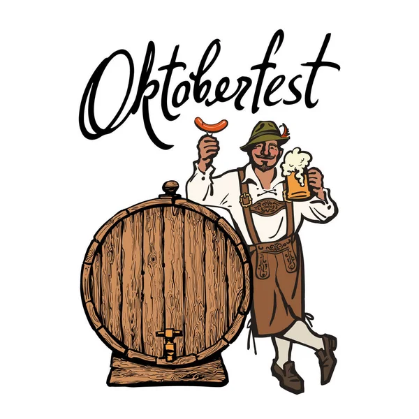 Bayerischer Mann mit Bierkrug und Wurst auf Fass gestützt. Schriftzug Oktoberfest. Vektorillustration. — Stockvektor