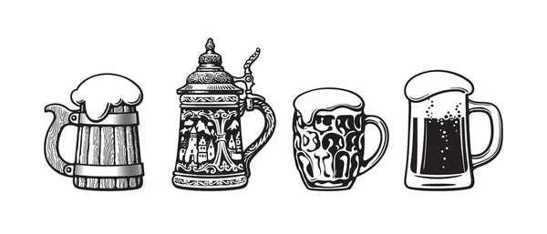 Set of traditional beer mugs. Vector illustration. — Stock Vector