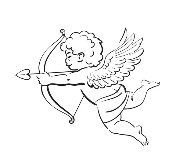 Croquis de Cupidon drôle mignon visant un arc et une flèche. Symbole d'amour de la Saint Valentin. Illustration vectorielle dessinée main — Image vectorielle