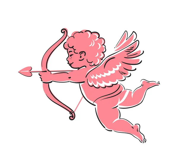 Croquis de Cupidon drôle mignon visant un arc et une flèche. Symbole d'amour de la Saint Valentin. Illustration vectorielle dessinée main — Image vectorielle