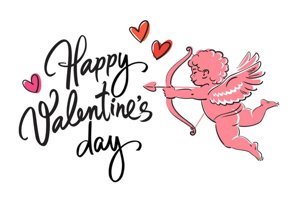 Feliz día de San Valentín texto manuscrito con corazones rojos y bosquejo de lindo divertido Cupido apuntando arco y flecha — Vector de stock