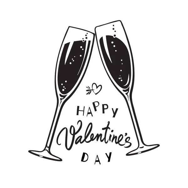 Feliz Dia dos Namorados texto caligráfico manuscrito com dois copos espumantes de champanhe —  Vetores de Stock