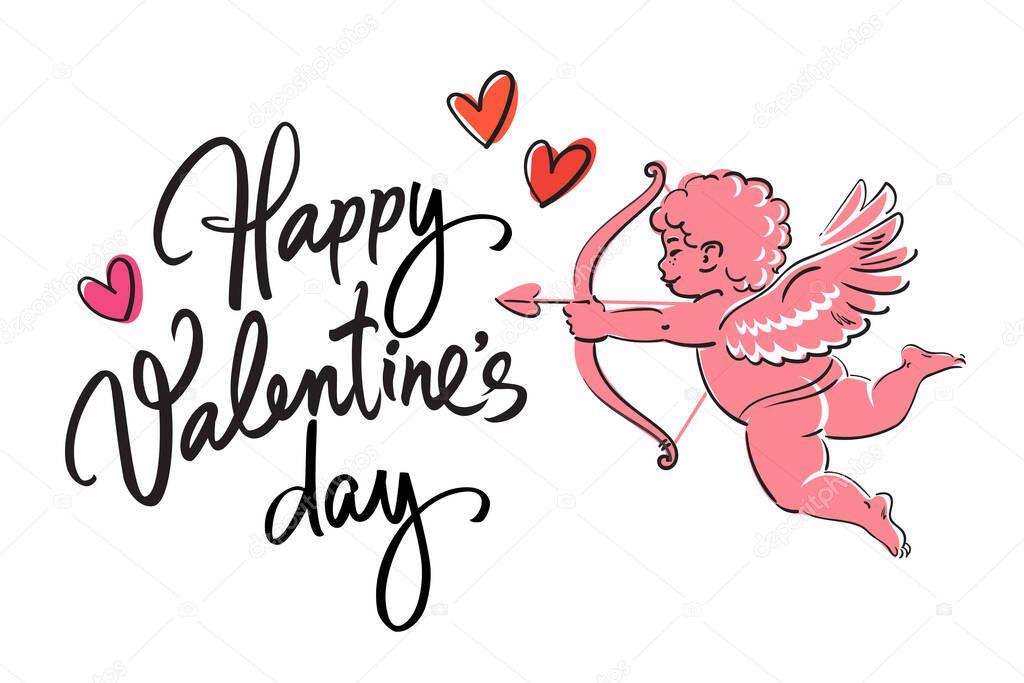 Happy Valentines Day handwritten text with red hearts and sketch of cute funny Cupid aiming bow and arrow