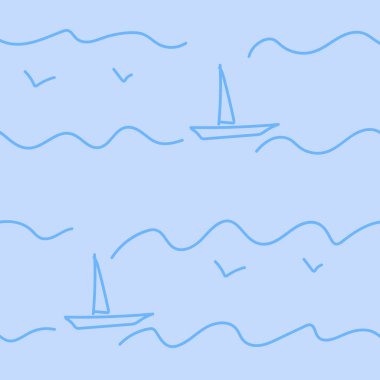 Dikişsiz desen. Çocuk bir tekne dalgalar çizimdir. Martılar denize.