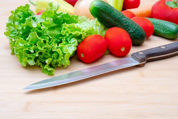 Vegetables Lettuce Onions Tomatoes Cucumbers Onions Carrots Red Sweet Peppers — Stock Photo, Image