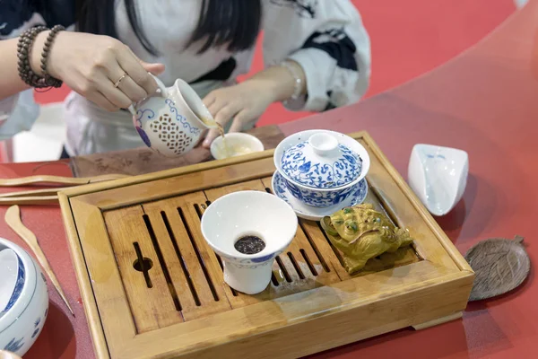 Chinese Tea Ceremony Girl Pours Tea Kettle Cup — Stock Photo, Image