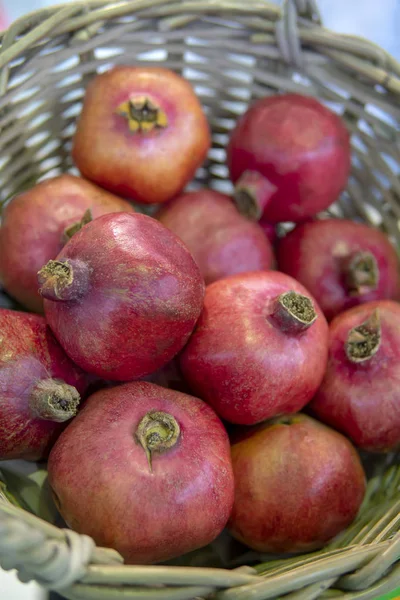 Red Ripe Pomegranates Basket — Stock Photo, Image