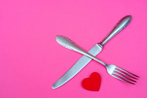 Herz Gabel Und Messer Valentinstag Postkarte — Stockfoto