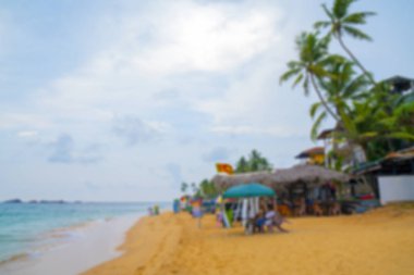 Plaj, palmiye ağaçları, kum, mavi gökyüzü, tatil ve eğlence için yer. Yazı için yumuşak odak arka planı 