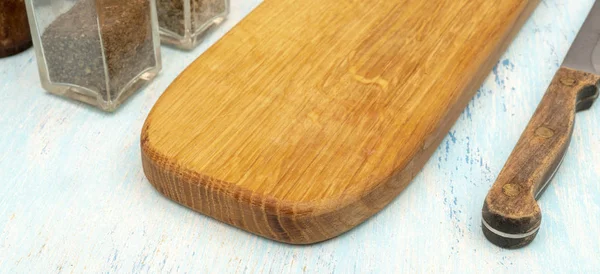 Tagliere Legno Quercia Utensili Cucina Copia Spazio — Foto Stock