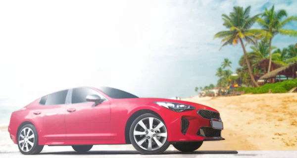 Red car on background of palm trees. Stylish, modern, bright image of car for design solutions.
