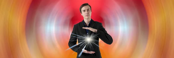 Young Scientist Futuristic Background Energy Hands Insight — Stock Photo, Image