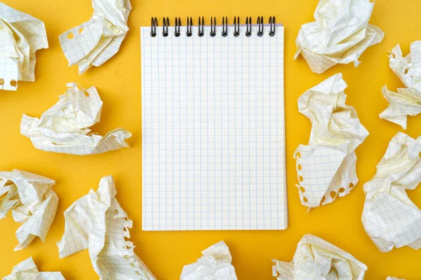 Notebook Yellow Background Crumpled Sheets Paper — Stock Photo, Image