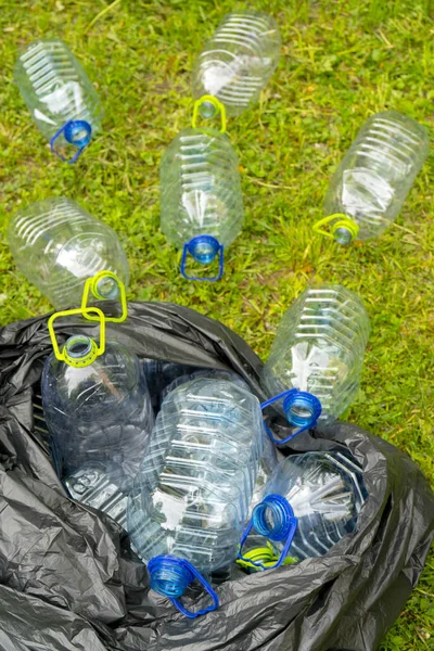 Botellas Plástico Vacías Tiradas Bolsa Basura Sobre Hierba —  Fotos de Stock