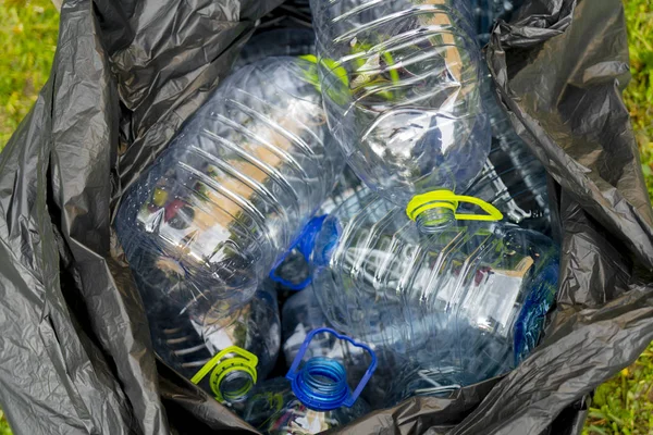 Çöp Torbasında Çimenlerin Üzerinde Yatan Boş Plastik Şişeler — Stok fotoğraf