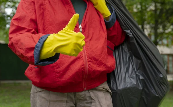 Garbage Collection Man Red Coat Yellow Gloves Showing Thumb Carries — Stock Photo, Image