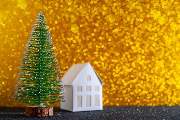 Casa Miniatura Con Albero Natale Sfondo — Foto Stock